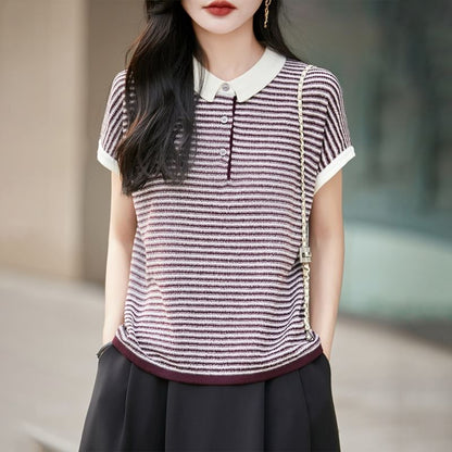 Contrast Collar Striped Knit Top