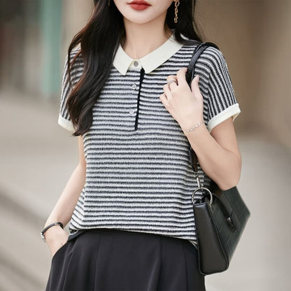 Contrast Collar Striped Knit Top