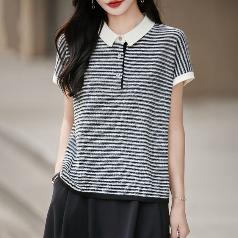 Contrast Collar Striped Knit Top
