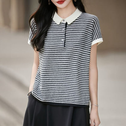 Contrast Collar Striped Knit Top