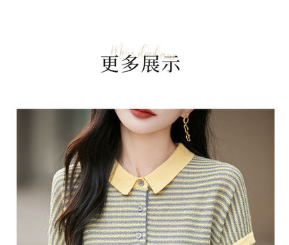 Contrast Collar Striped Knit Top
