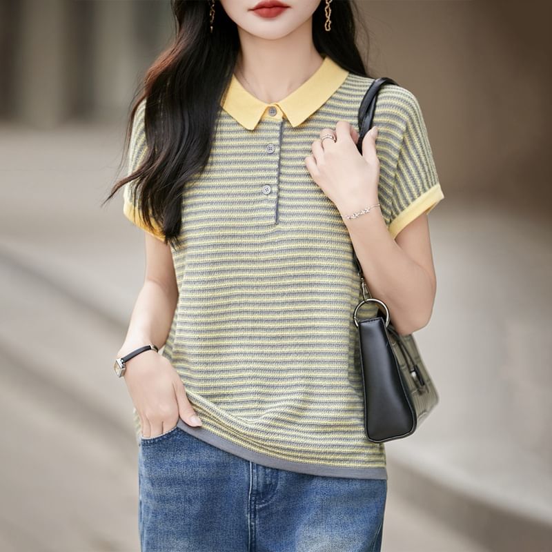 Contrast Collar Striped Knit Top