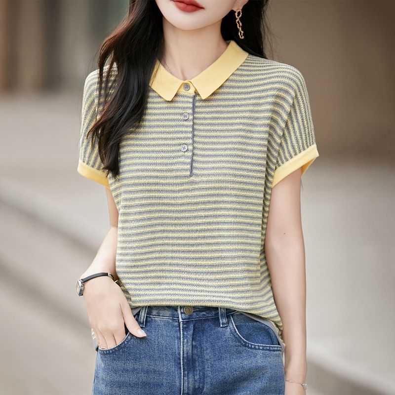 Contrast Collar Striped Knit Top