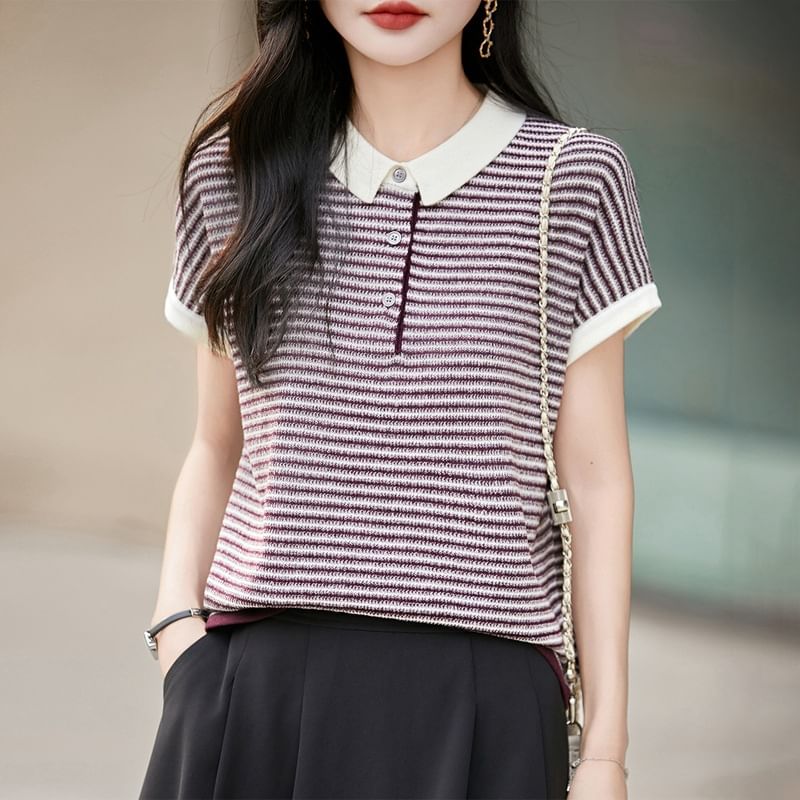 Contrast Collar Striped Knit Top