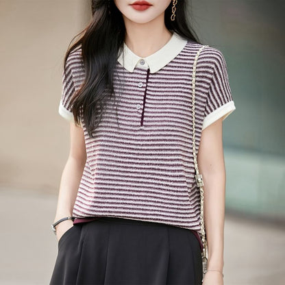Contrast Collar Striped Knit Top