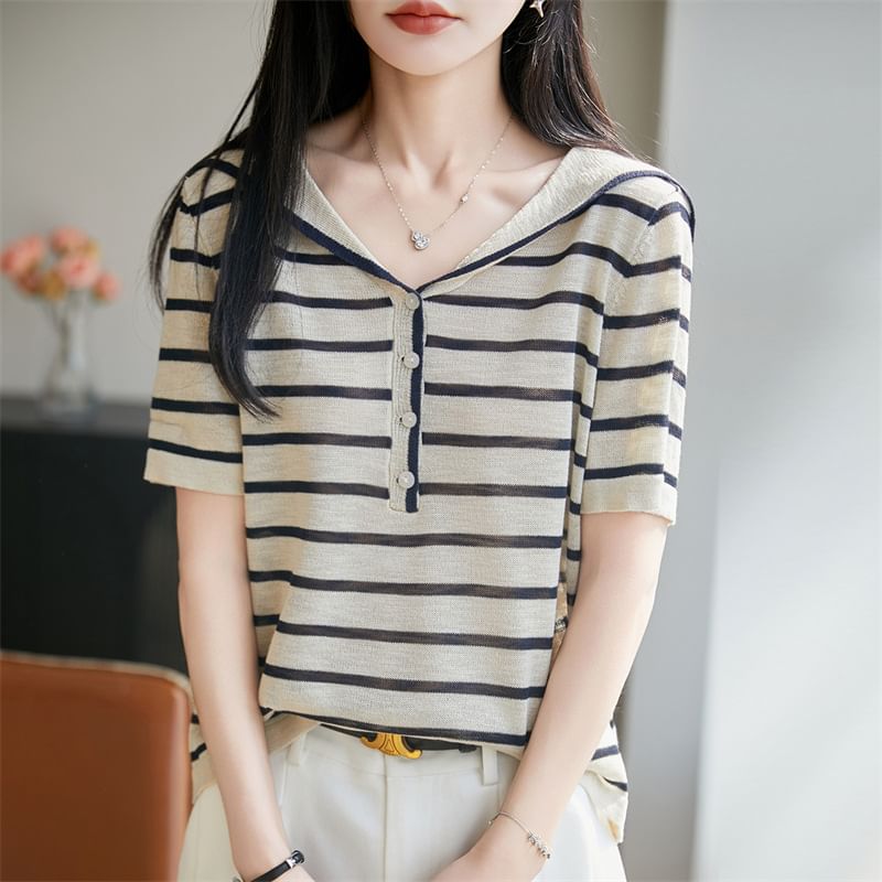 Sailor Collar Contrast Trim Knit Top