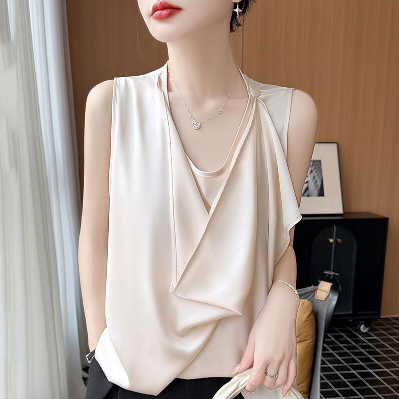 Asymmetrical Satin Tank with Scoop Neck