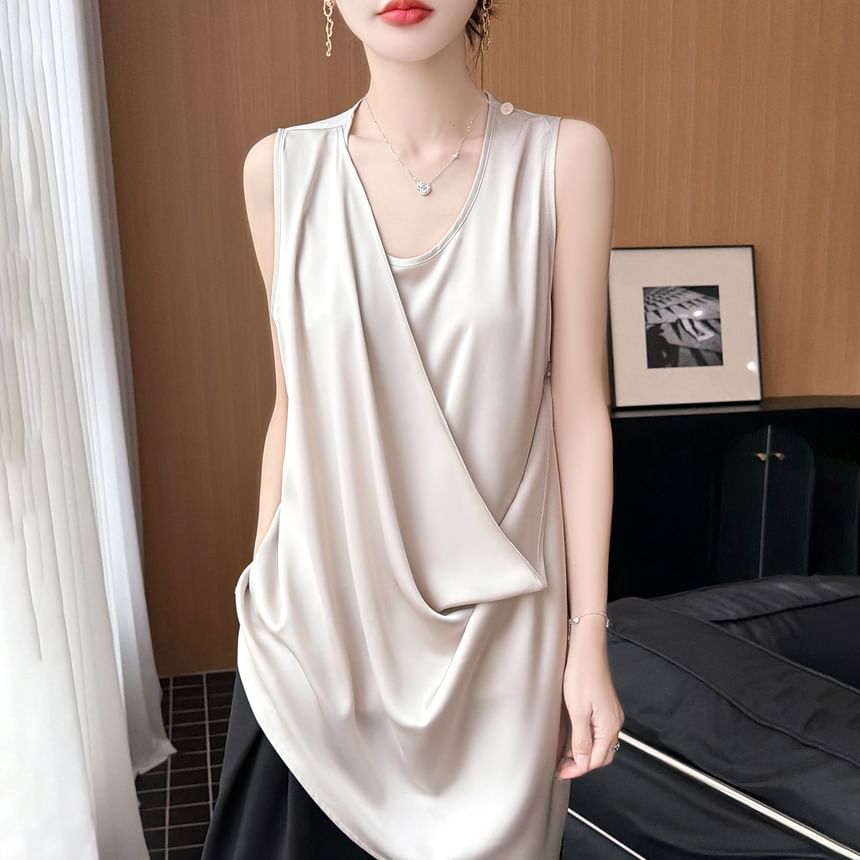 Asymmetrical Satin Tank with Scoop Neck