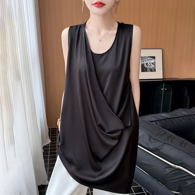 Asymmetrical Satin Tank with Scoop Neck