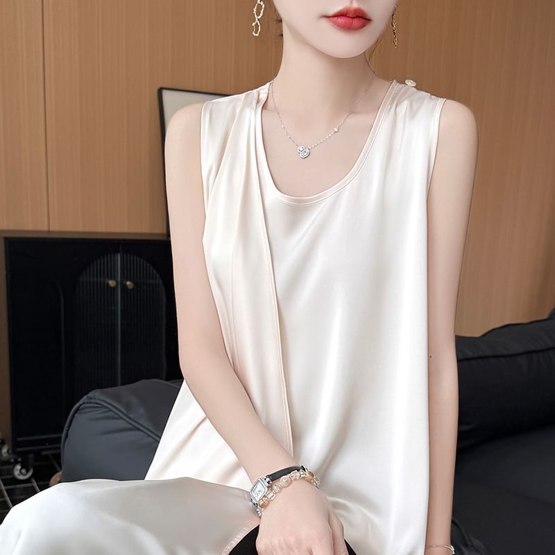 Asymmetrical Satin Tank with Scoop Neck