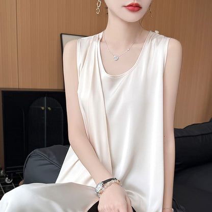 Asymmetrical Satin Tank with Scoop Neck