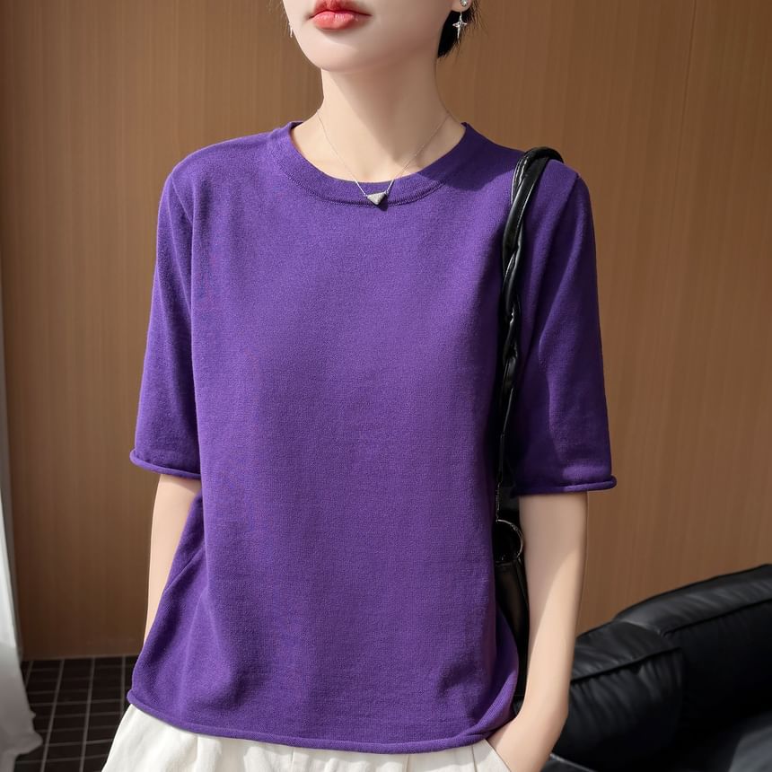 Elbow Sleeve Crew Neck Knit Top