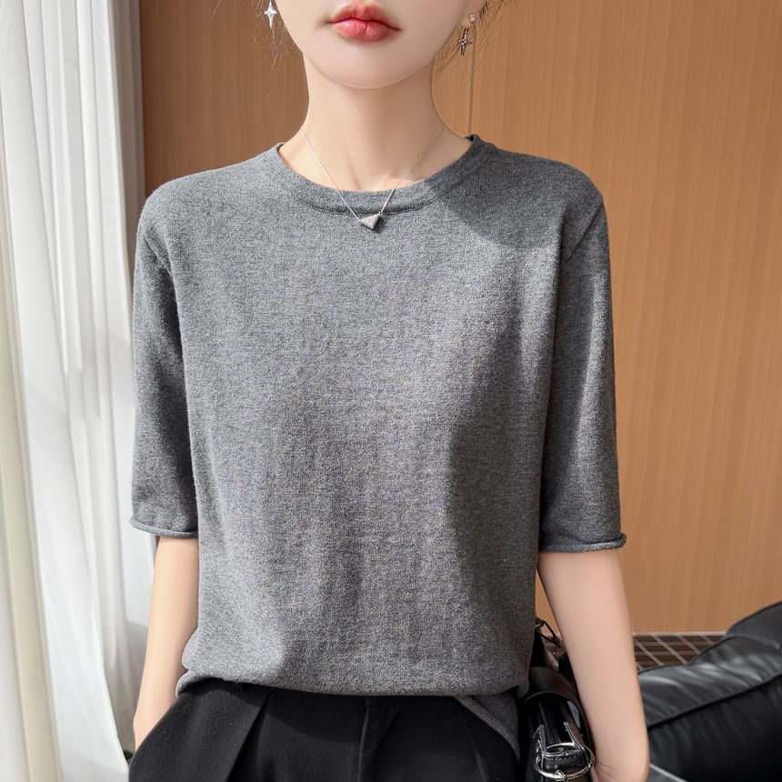Elbow Sleeve Crew Neck Knit Top