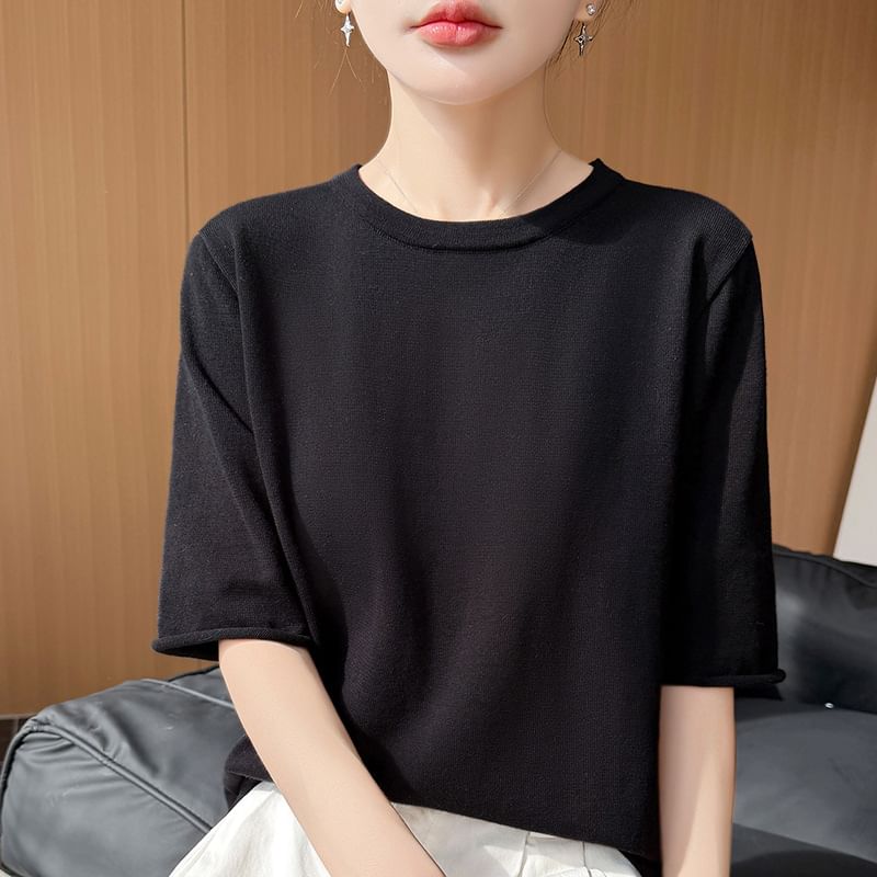Elbow Sleeve Crew Neck Knit Top