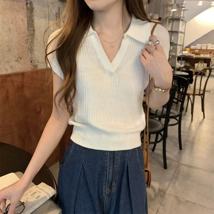 Collared V-Neck Crop Knit Top