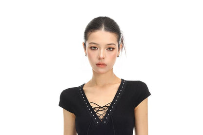 Short-Sleeve V-Neck Plain Lace Up Crop T-Shirt