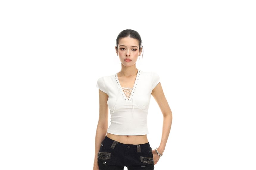 Short-Sleeve V-Neck Plain Lace Up Crop T-Shirt