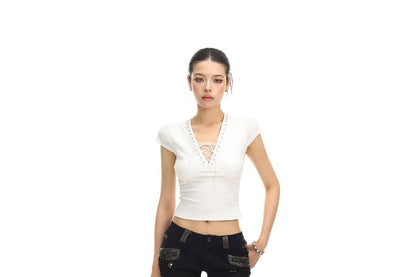 Short-Sleeve V-Neck Plain Lace Up Crop T-Shirt