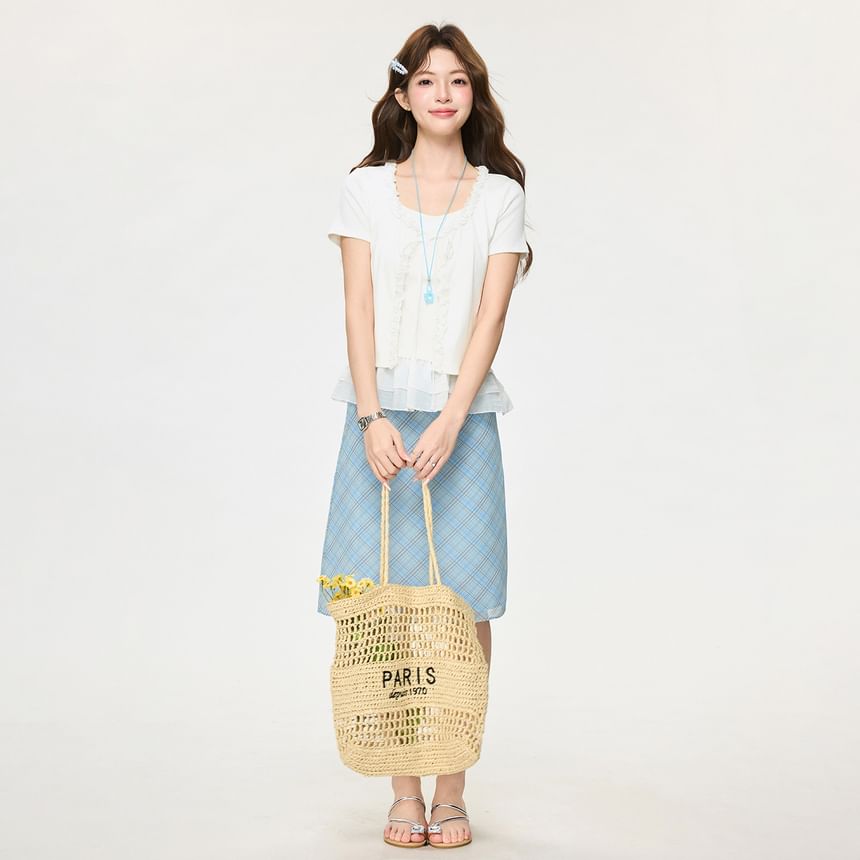 Ruffle Mock Two Piece Mesh Top with Tie Front