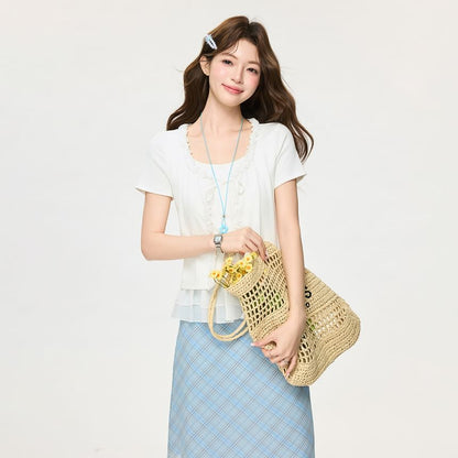 Ruffle Mock Two Piece Mesh Top with Tie Front