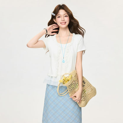 Ruffle Mock Two Piece Mesh Top with Tie Front