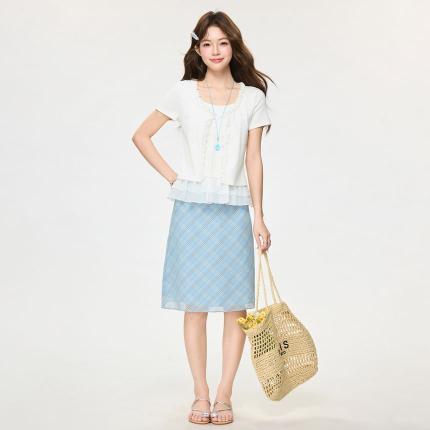 Ruffle Mock Two Piece Mesh Top with Tie Front