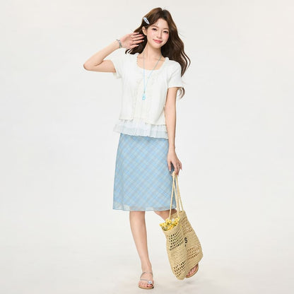Ruffle Mock Two Piece Mesh Top with Tie Front
