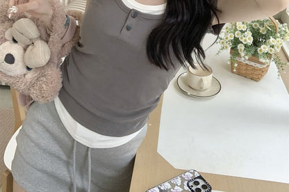 Scoop Neck Button Mock Two Piece Tee