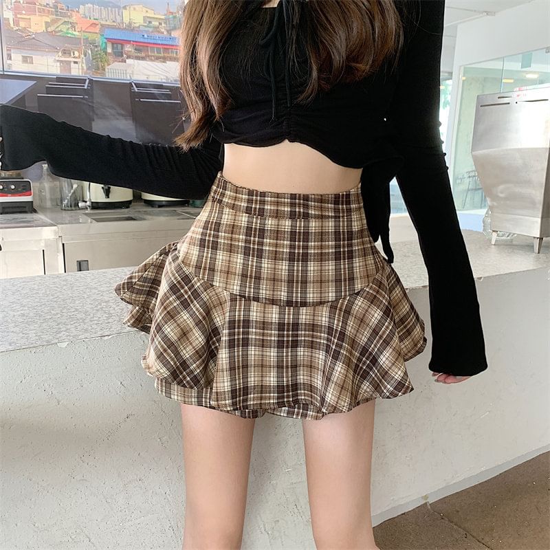 High Waist Plaid Mini A-Line Skirt