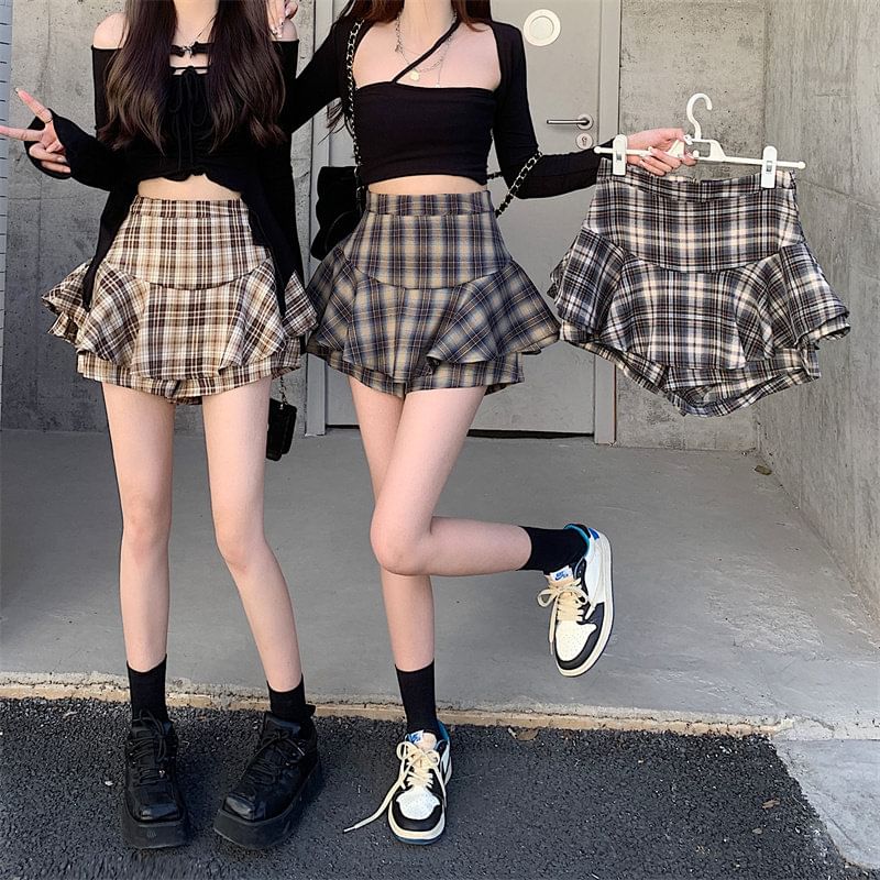 High Waist Plaid Mini A-Line Skirt