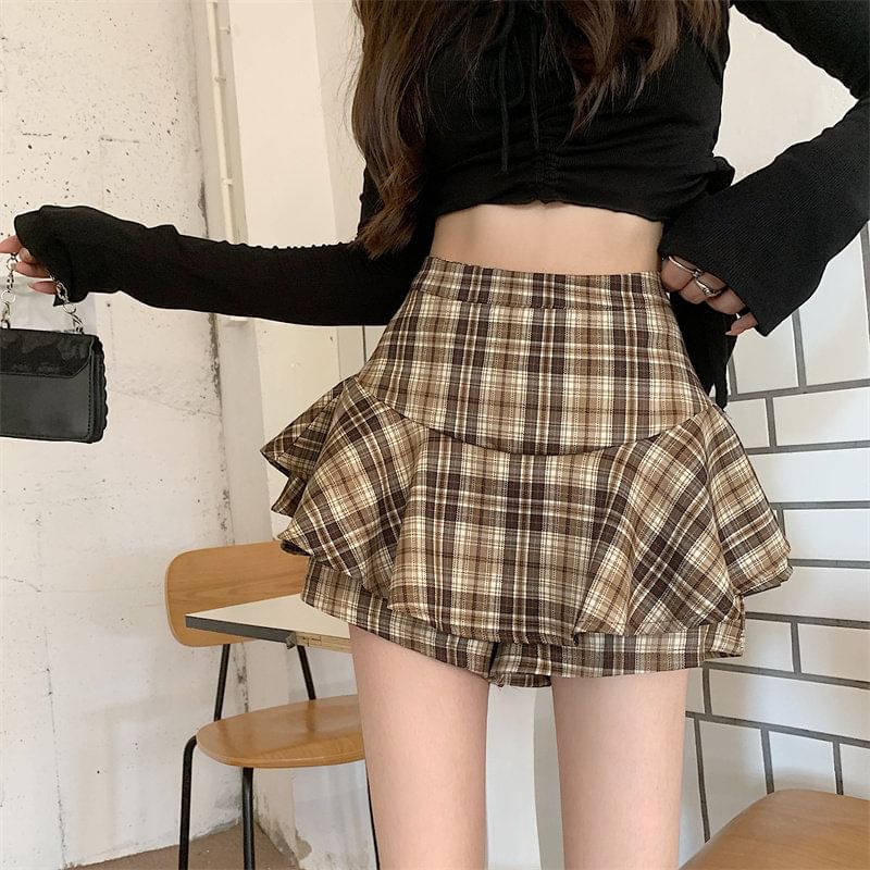 High Waist Plaid Mini A-Line Skirt