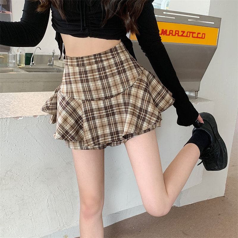 High Waist Plaid Mini A-Line Skirt