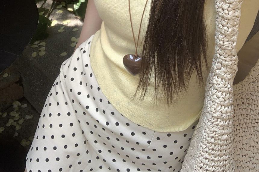 Short Sleeve Plain Slim-Fit Knit Top / High Waist Polka Dot Mini Skirt