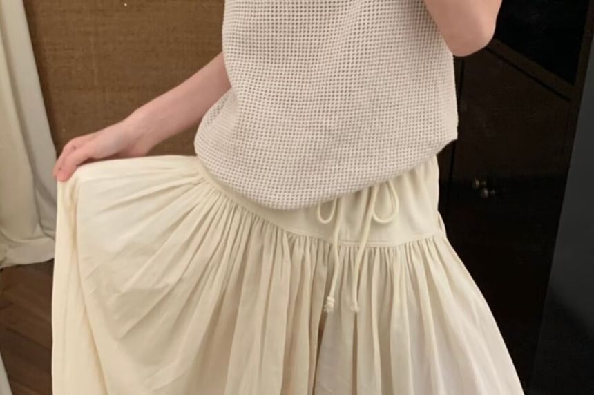 Low Waist Ruffled-Trim Plain Maxi A-Line Skirt