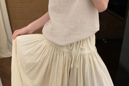 Low Waist Ruffled-Trim Plain Maxi A-Line Skirt