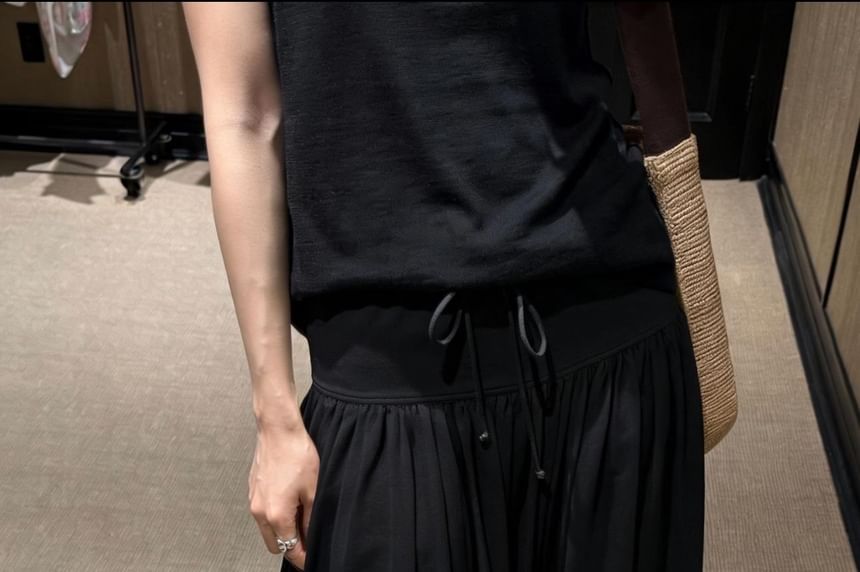 Low Waist Ruffled-Trim Plain Maxi A-Line Skirt