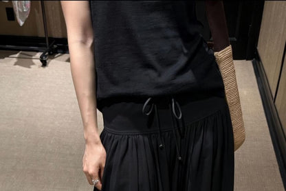 Low Waist Ruffled-Trim Plain Maxi A-Line Skirt