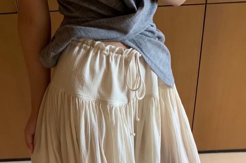 Low Waist Ruffled-Trim Plain Maxi A-Line Skirt