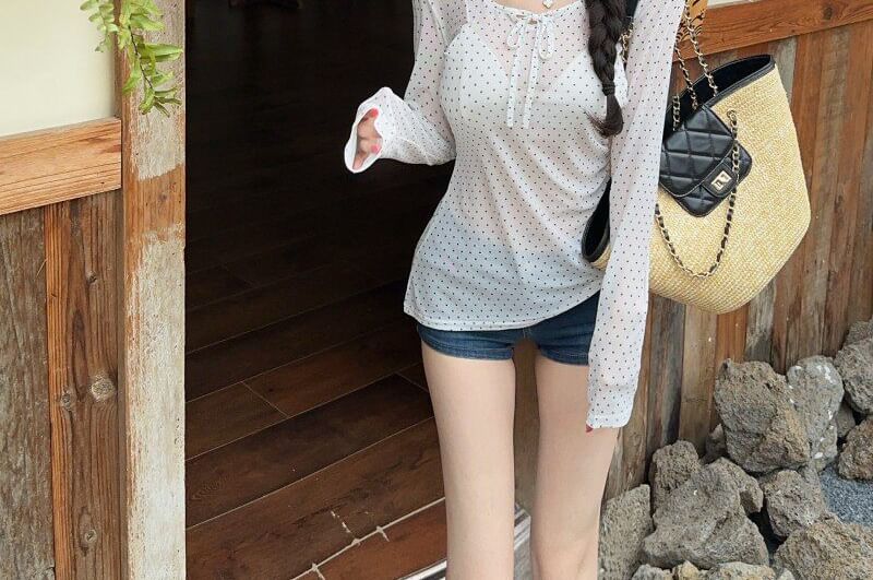 Polka Dot Long Sleeve Tie Front Tee