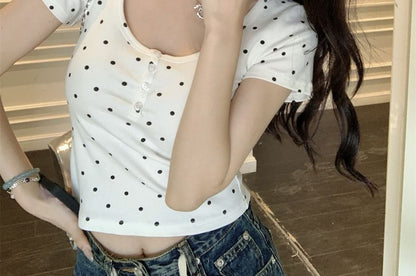 Polka Dot Scoop Neck Cropped Tee
