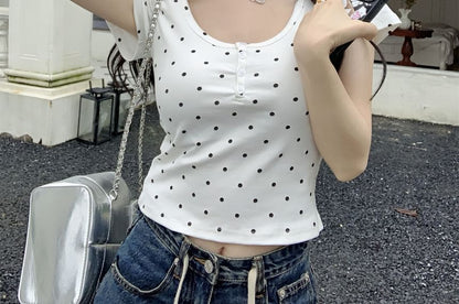 Polka Dot Scoop Neck Cropped Tee