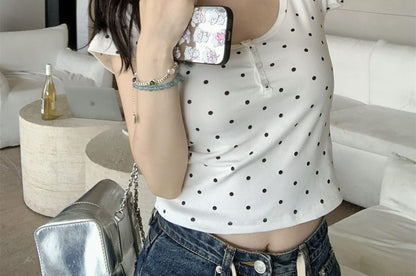Polka Dot Scoop Neck Cropped Tee