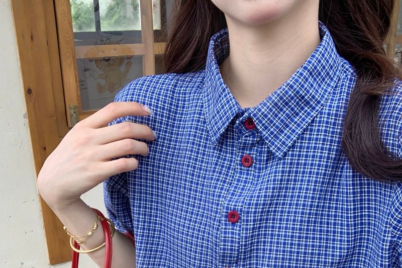 Plaid Button Down Shirt with Ruffle Trim