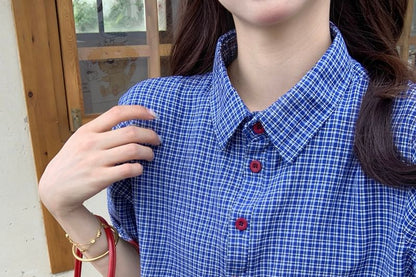 Plaid Button Down Shirt with Ruffle Trim