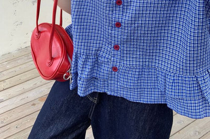 Plaid Button Down Shirt with Ruffle Trim