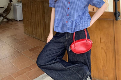 Plaid Button Down Shirt with Ruffle Trim