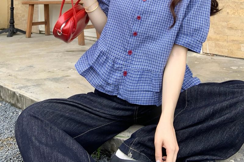 Plaid Button Down Shirt with Ruffle Trim