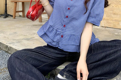 Plaid Button Down Shirt with Ruffle Trim
