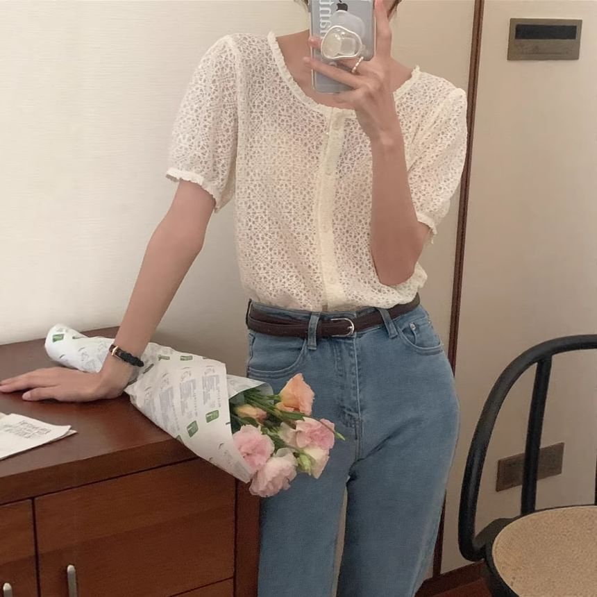 Short-Sleeve Scoop Neck Crochet Button Up Blouse