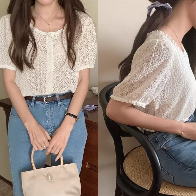 Short-Sleeve Scoop Neck Crochet Button Up Blouse